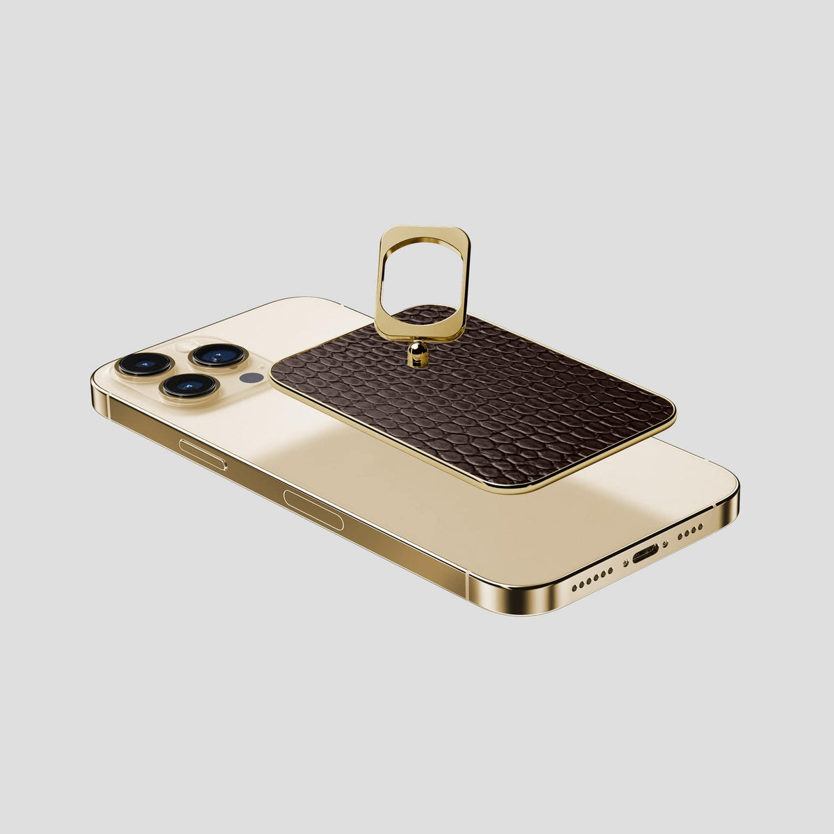 Brown iPhone 15 Pro Max MagSafe Ring Lizard with Gold Metal -4 | Brown-Gold