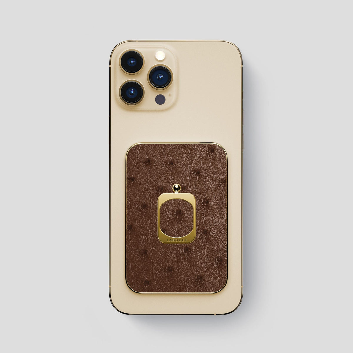 Chocolate iPhone 14 Pro Max MagSafe Ring Ostrich with Gold Metal -1 | Chocolate-Gold