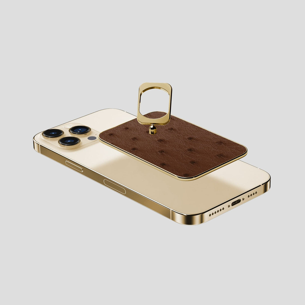 Chocolate iPhone 14 Pro Max MagSafe Ring Ostrich with Gold Metal -4 | Chocolate-Gold