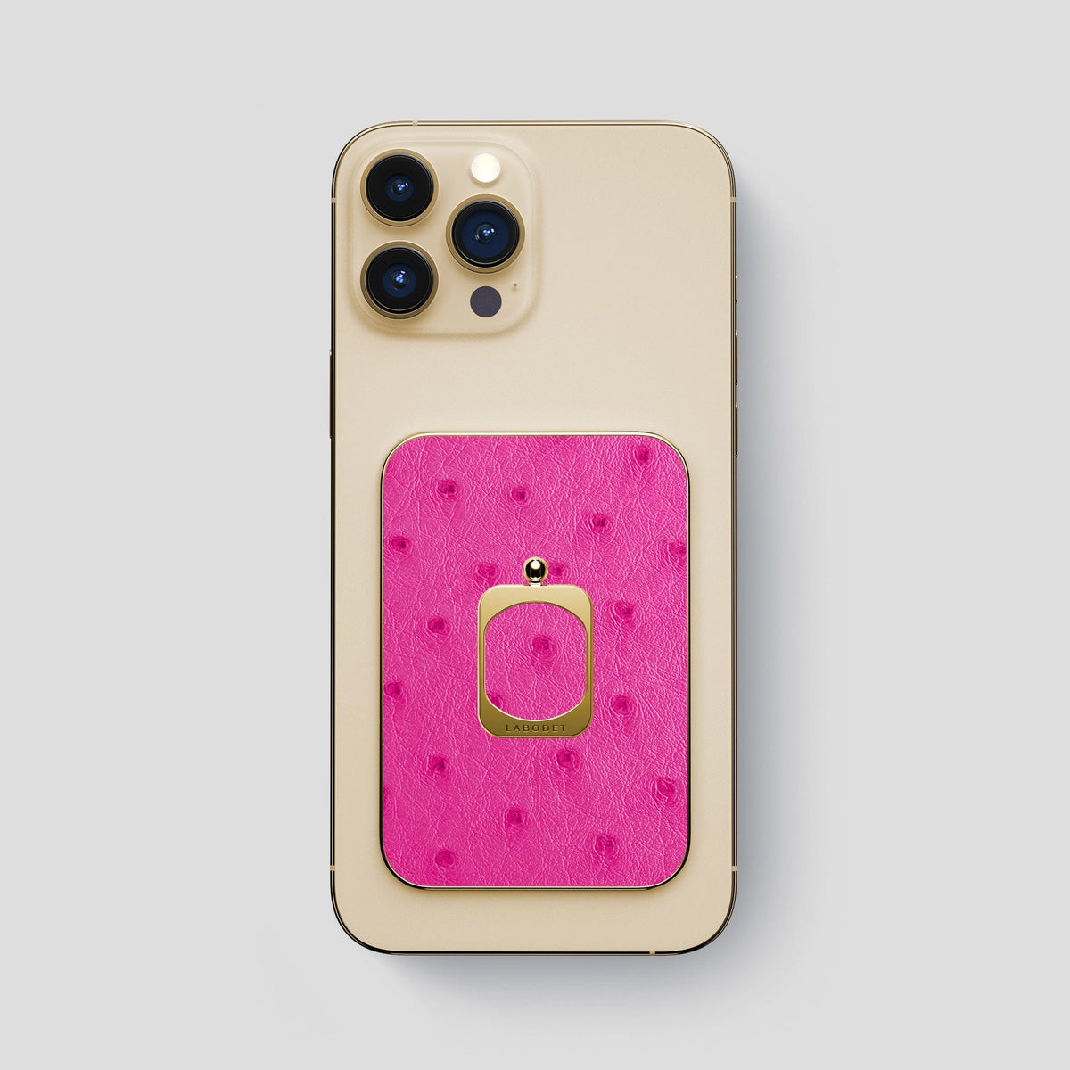 Fuchsia iPhone 14 Pro Max MagSafe Ring Ostrich with Gold Metal -1 | Fuchsia-Gold