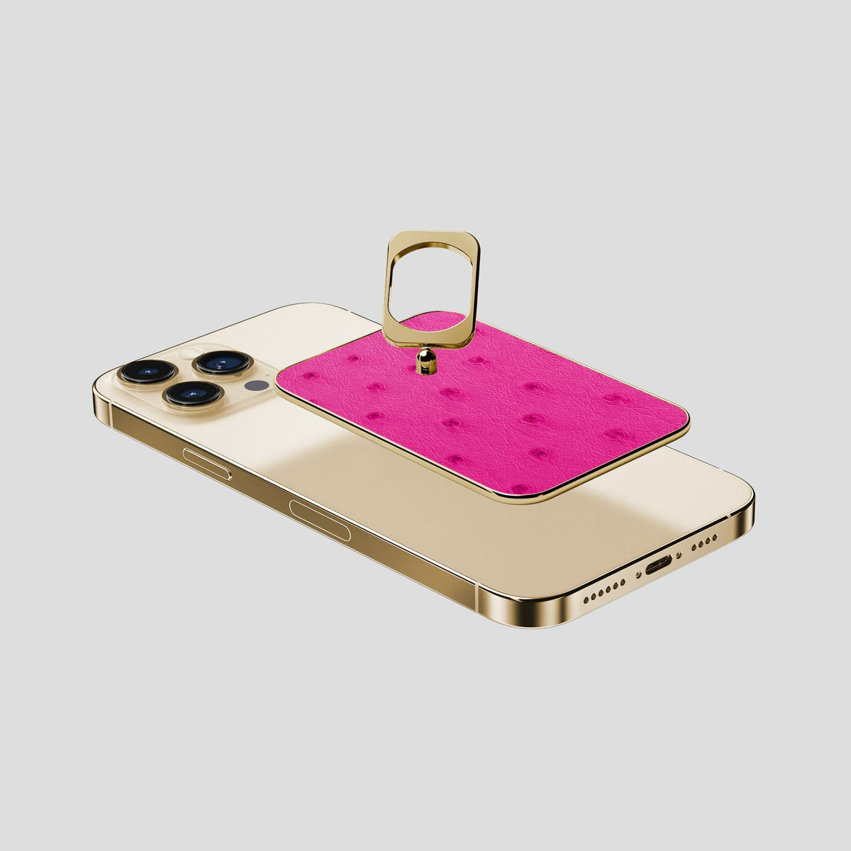 Fuchsia iPhone 15 Pro Max MagSafe Ring Ostrich with Gold Metal -4 | Fuchsia-Gold