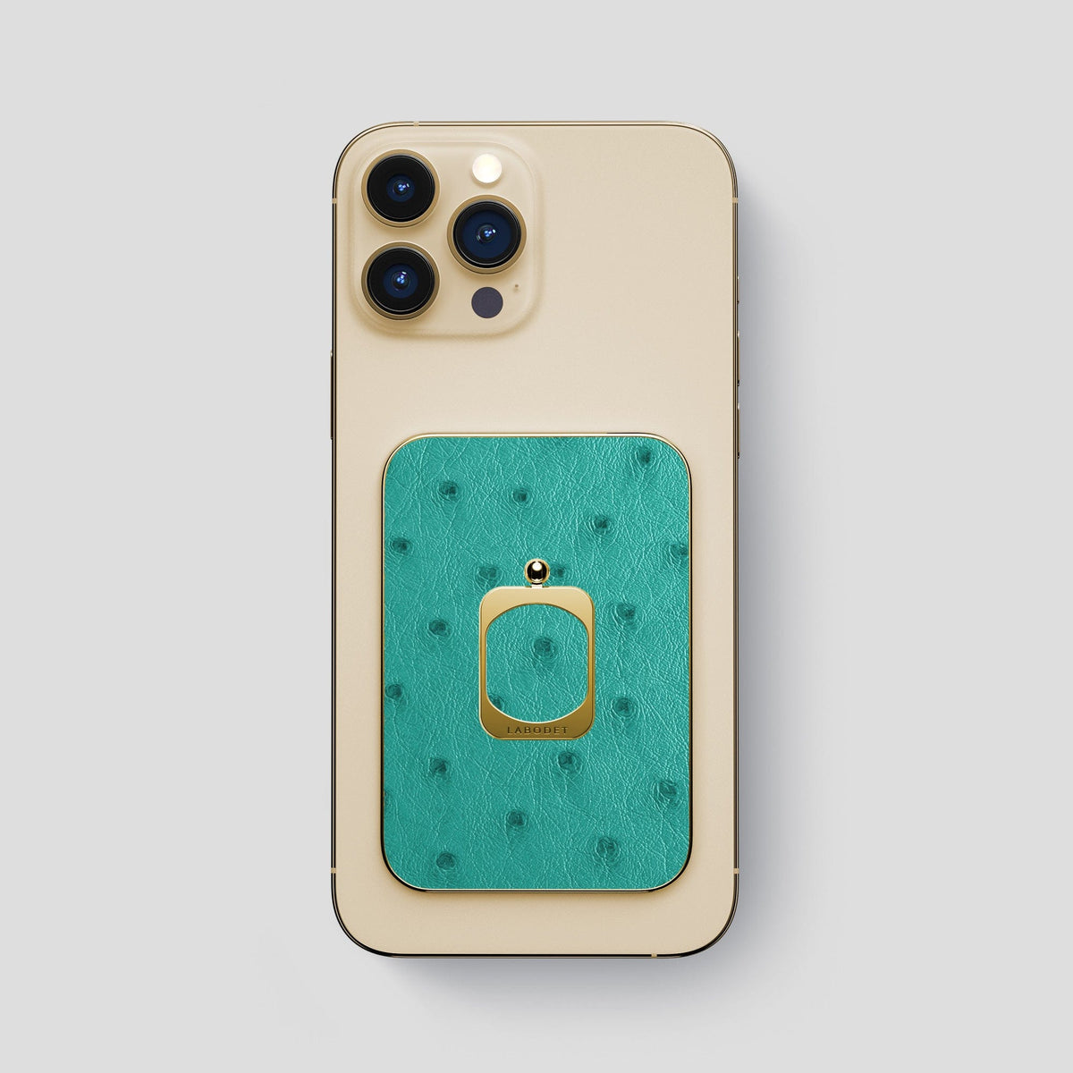 Turquoise iPhone 14 Pro Max MagSafe Ring Ostrich with Gold Metal -1 | Turquoise-Gold