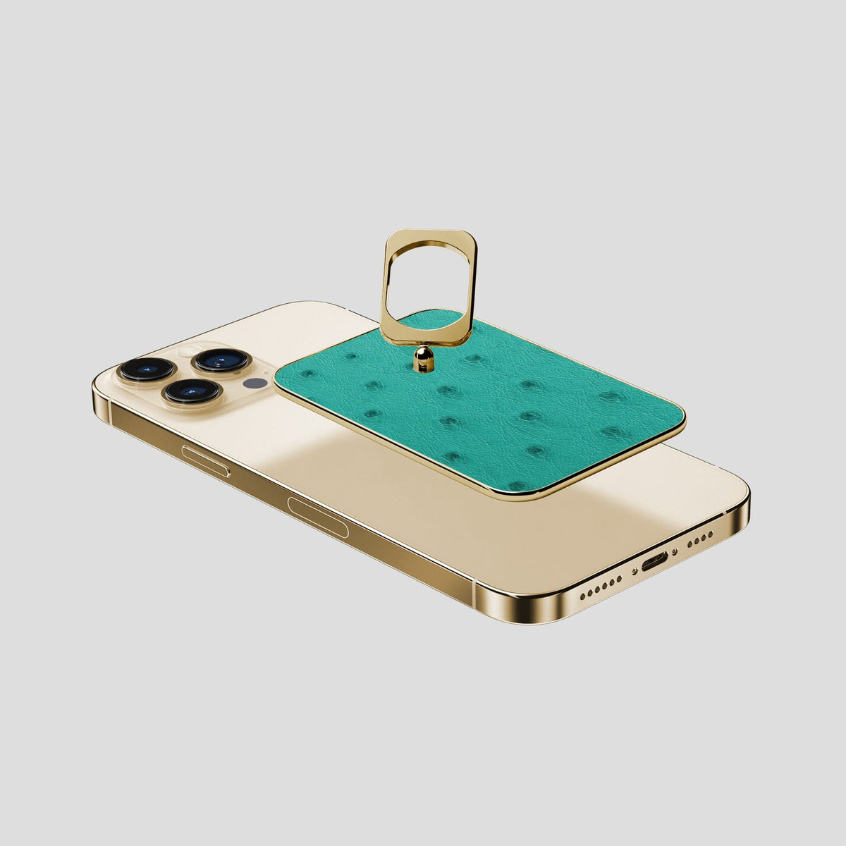 Turquoise iPhone 14 Pro Max MagSafe Ring Ostrich with Gold Metal -4 | Turquoise-Gold