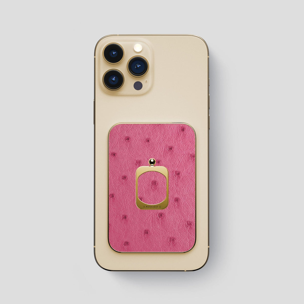 Petal Pink iPhone 15 Pro Max MagSafe Ring Ostrich with Gold Metal -1 | Petal-Pink-Gold
