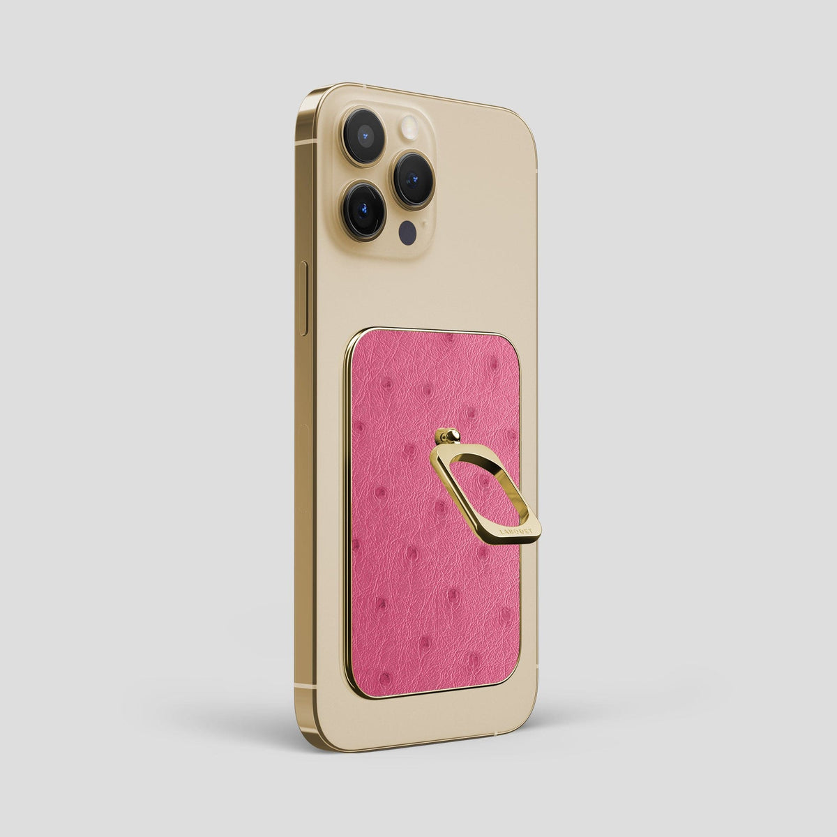 Petal Pink iPhone 15 Pro Max MagSafe Ring Ostrich with Gold Metal -2 | Petal-Pink-Gold