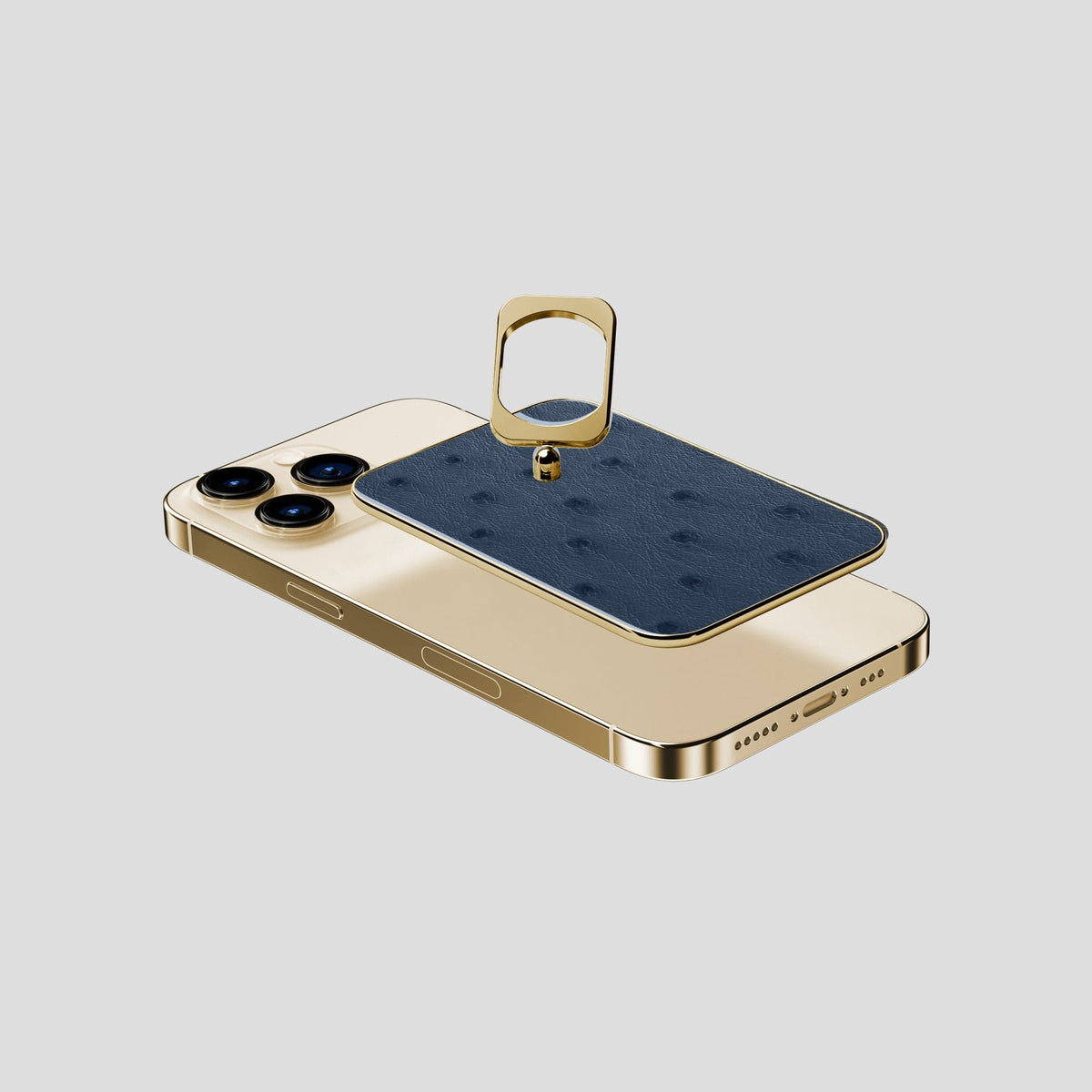 Navy-Blue iPhone 14 Pro MagSafe Ring Ostrich with Gold Metal -4 | Navy-Blue-Gold