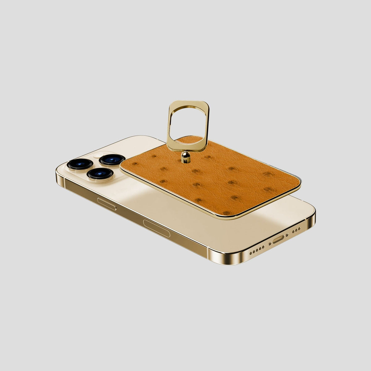 Chestnut iPhone 14 Pro MagSafe Ring Ostrich with Gold Metal -4 | Chestnut-Gold