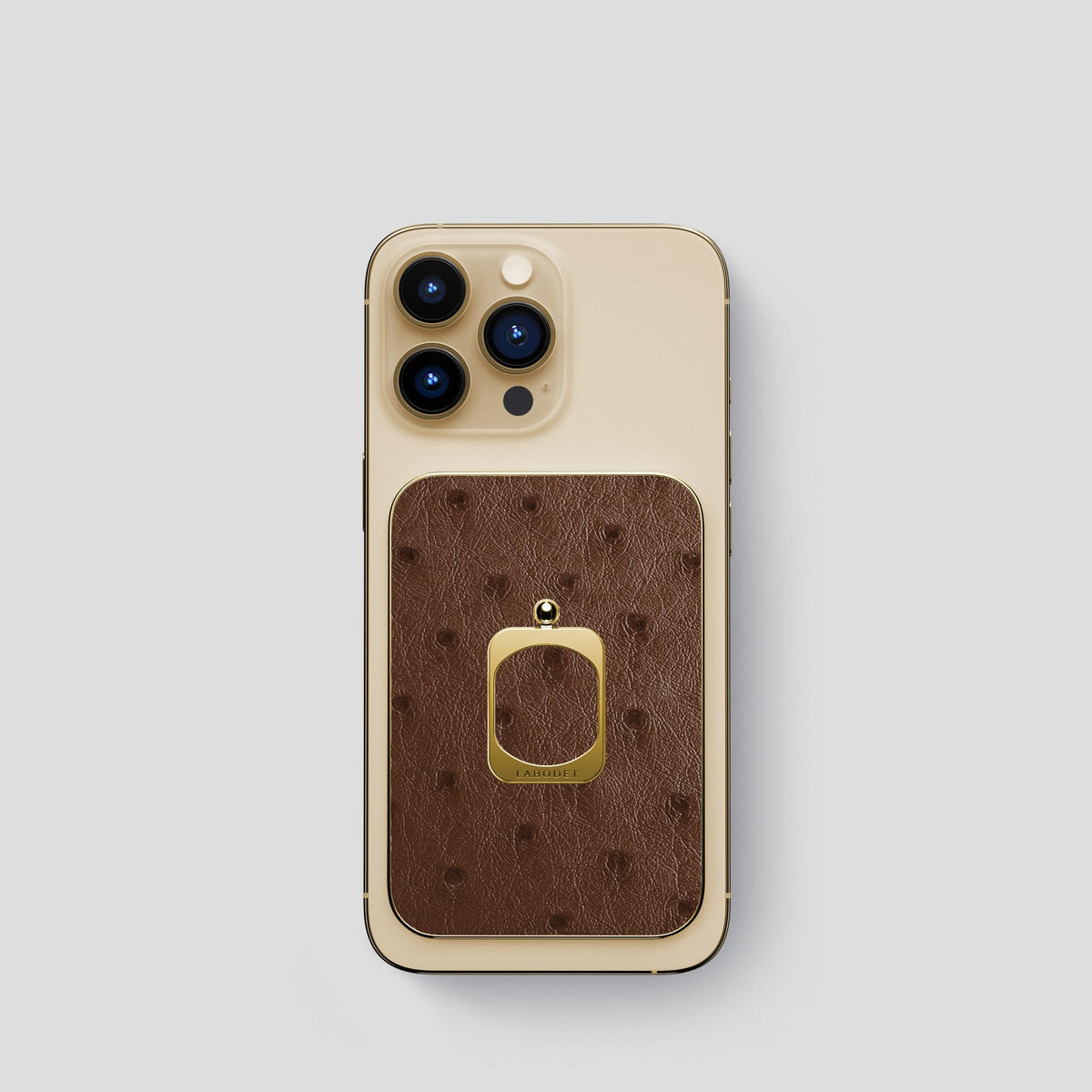 Chocolate iPhone 14 Pro MagSafe Ring Ostrich with Gold Metal -1 | Chocolate-Gold