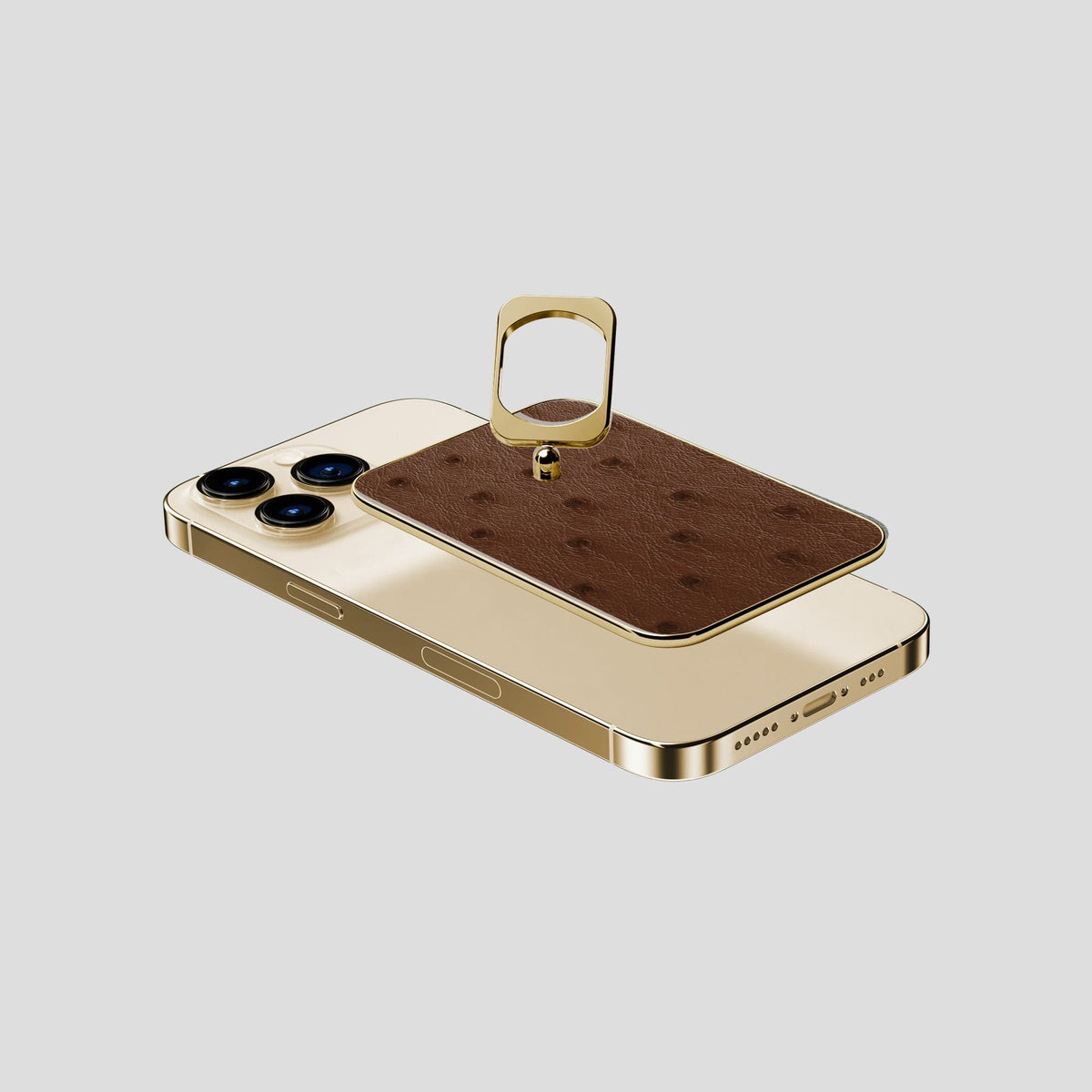 Chocolate iPhone 14 Pro MagSafe Ring Ostrich with Gold Metal -4 | Chocolate-Gold