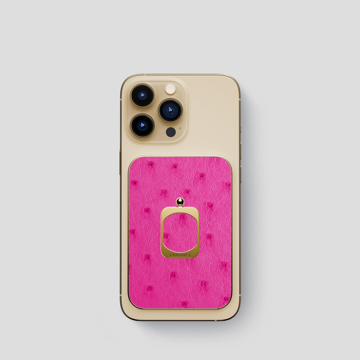Fuchsia iPhone 15 Pro MagSafe Ring Ostrich with Gold Metal -1 | Fuchsia-Gold