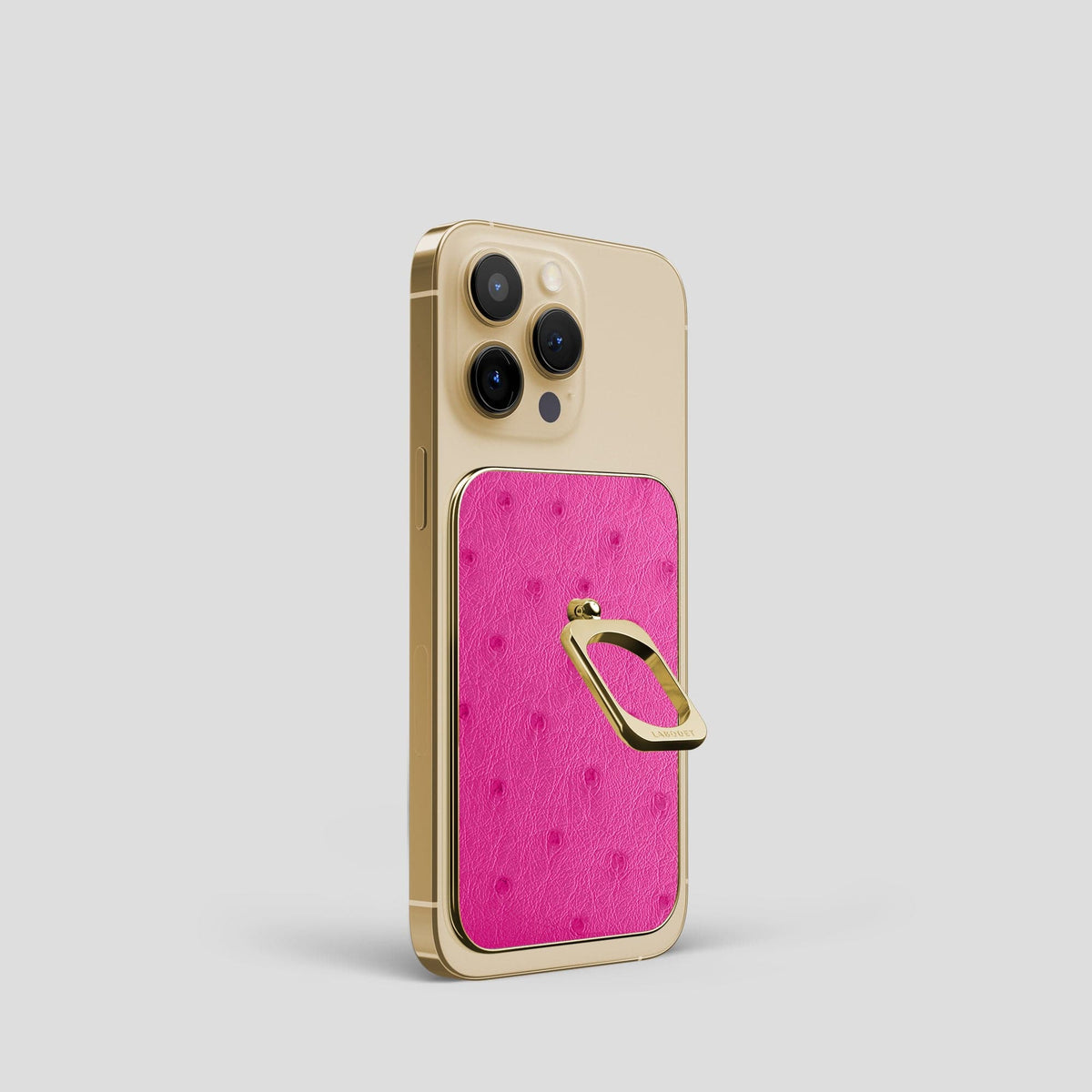 Fuchsia iPhone 14 Pro MagSafe Ring Ostrich with Gold Metal -2 | Fuchsia-Gold