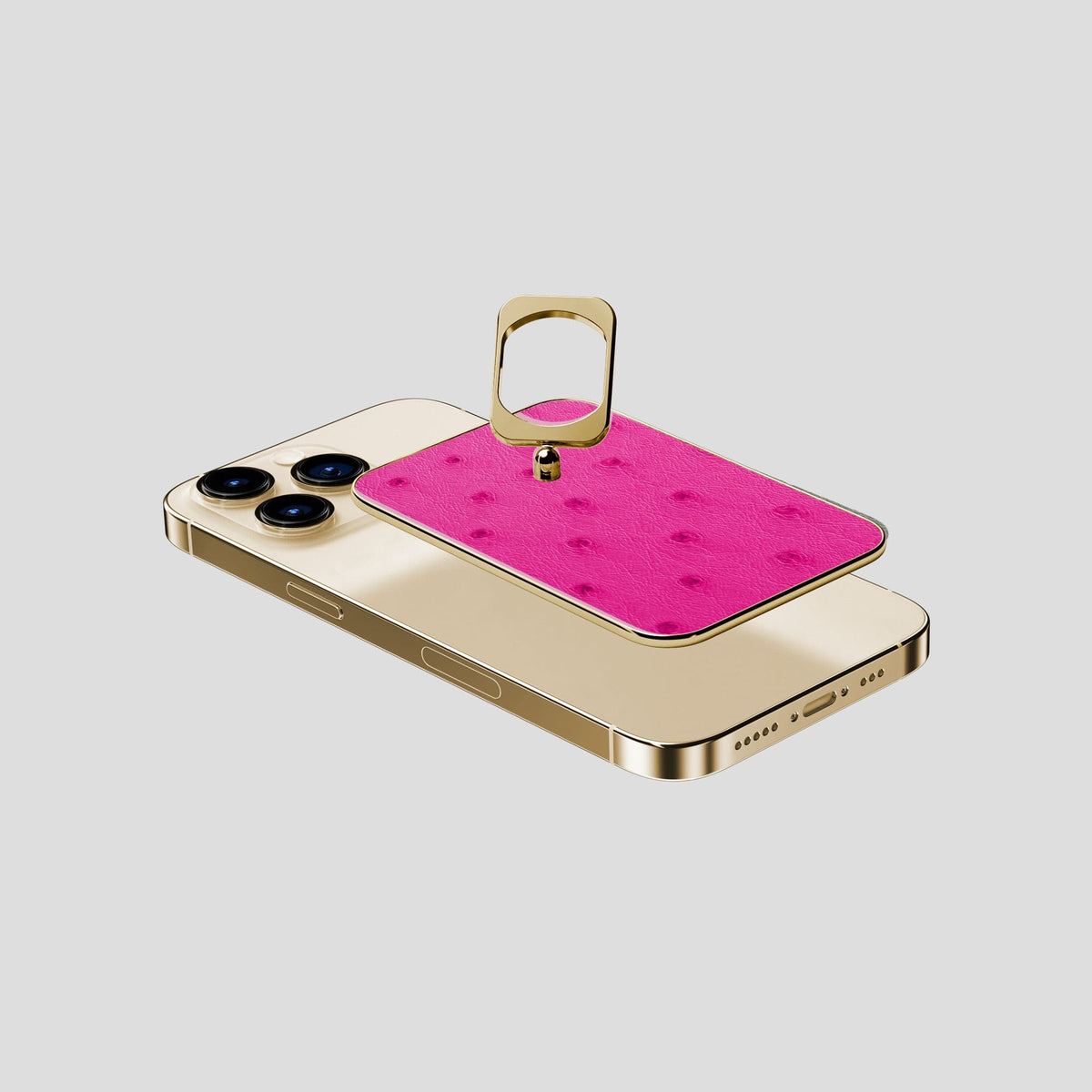 Fuchsia iPhone 15 Pro MagSafe Ring Ostrich with Gold Metal -4 | Fuchsia-Gold