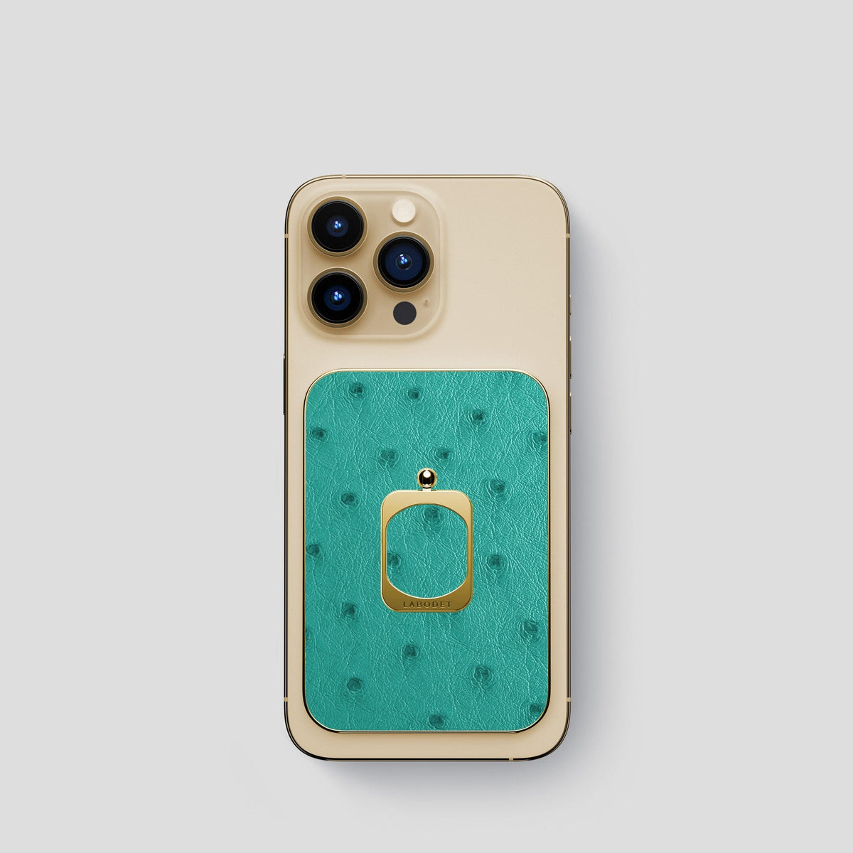 Turquoise iPhone 14 Pro MagSafe Ring Ostrich with Gold Metal -1 | Turquoise-Gold