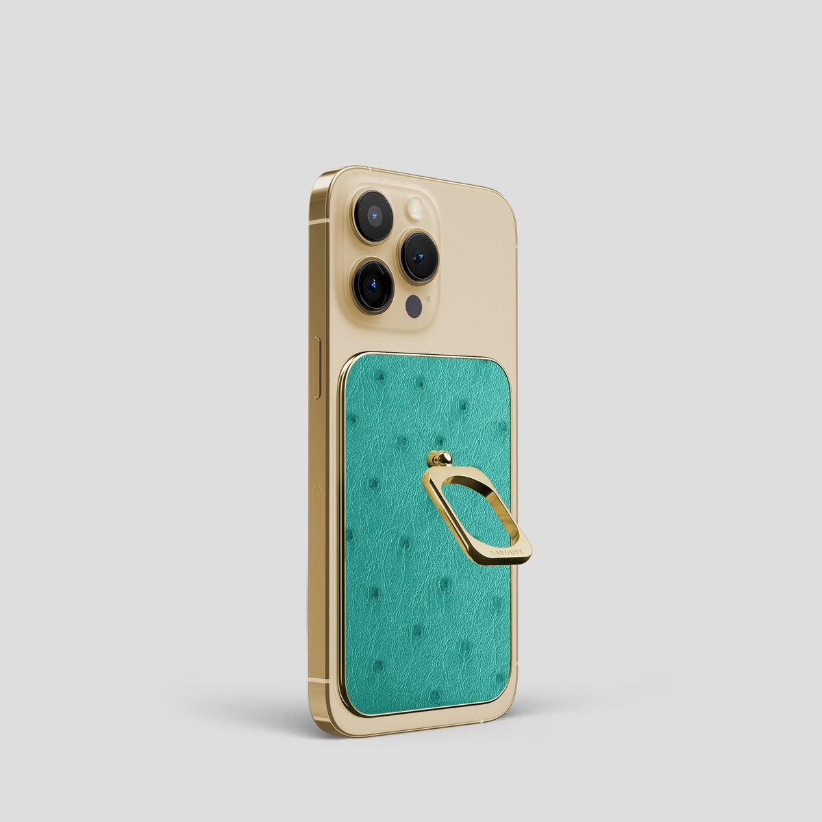 Turquoise iPhone 14 Pro MagSafe Ring Ostrich with Gold Metal -2 | Turquoise-Gold
