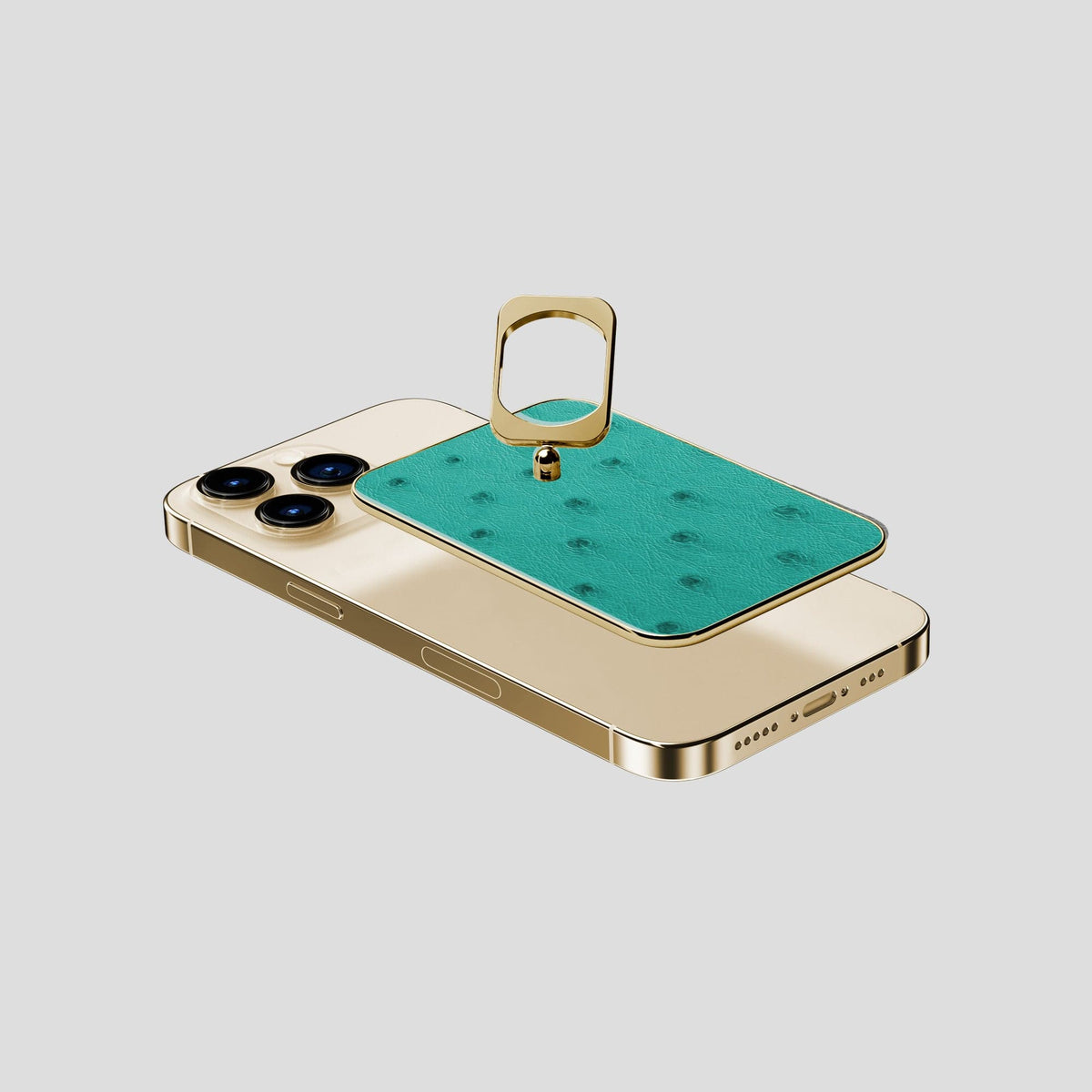 Turquoise iPhone 14 Pro MagSafe Ring Ostrich with Gold Metal -4 | Turquoise-Gold