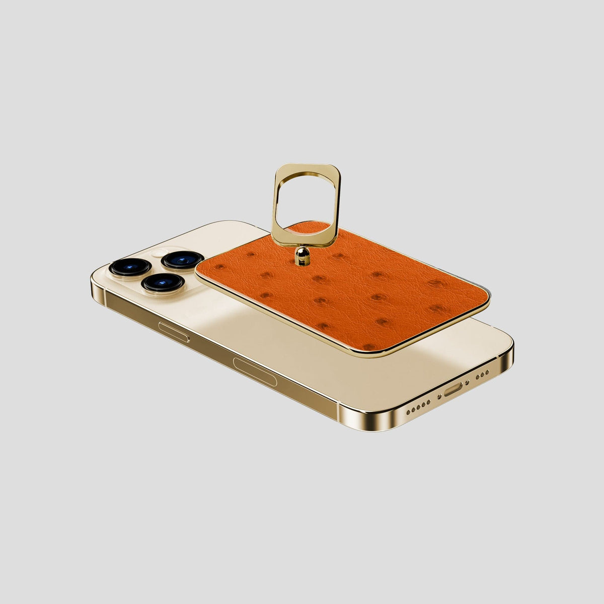 Medium-Brown iPhone 14 Pro MagSafe Ring Ostrich with Gold Metal -4 | Medium-Brown-Gold
