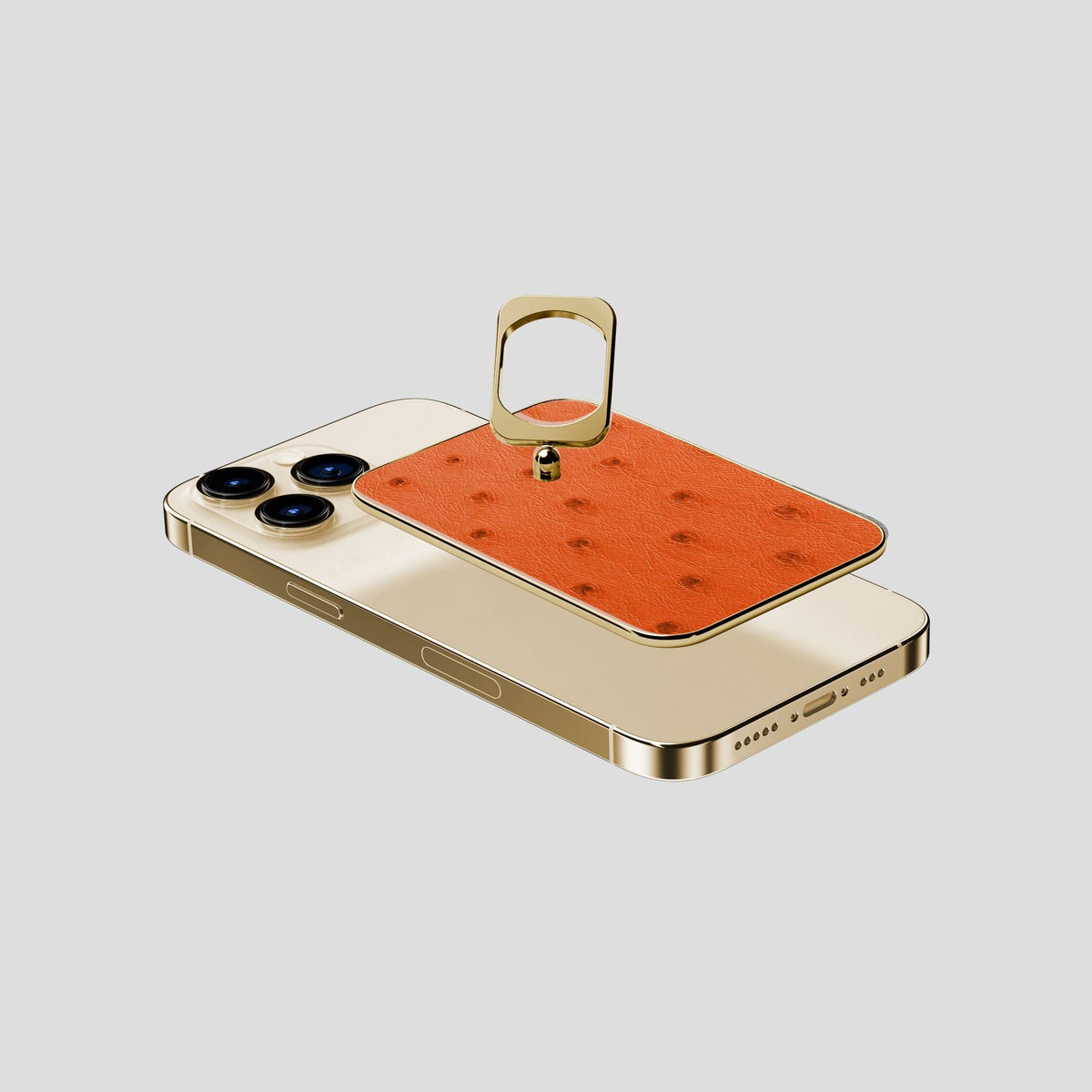 Orange iPhone 15 Pro MagSafe Ring Ostrich with Gold Metal -4 | Orange-Gold