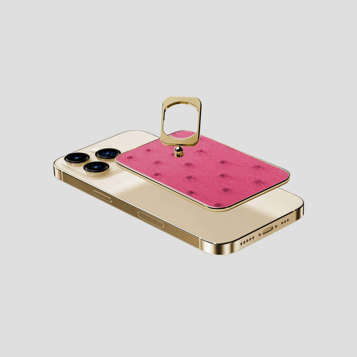 Petal Pink iPhone 14 Pro MagSafe Ring Ostrich with Gold Metal -4 | Petal-Pink-Gold