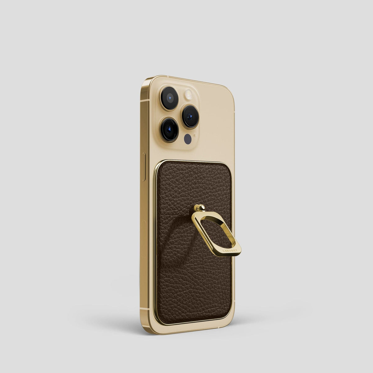 Dark Brown iPhone 15 Pro MagSafe Ring Calf with Gold Metal -1 | Dark-Brown-Gold