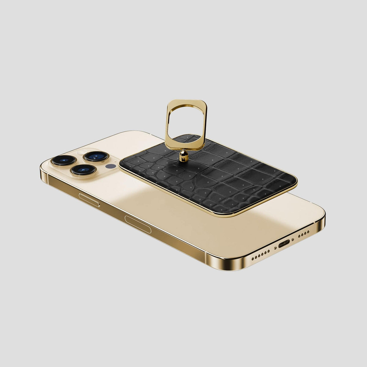 Black iPhone 15 Pro Max Magsafe Ring Porosus Crocodile with Gold Metal -4 | Black-Gold