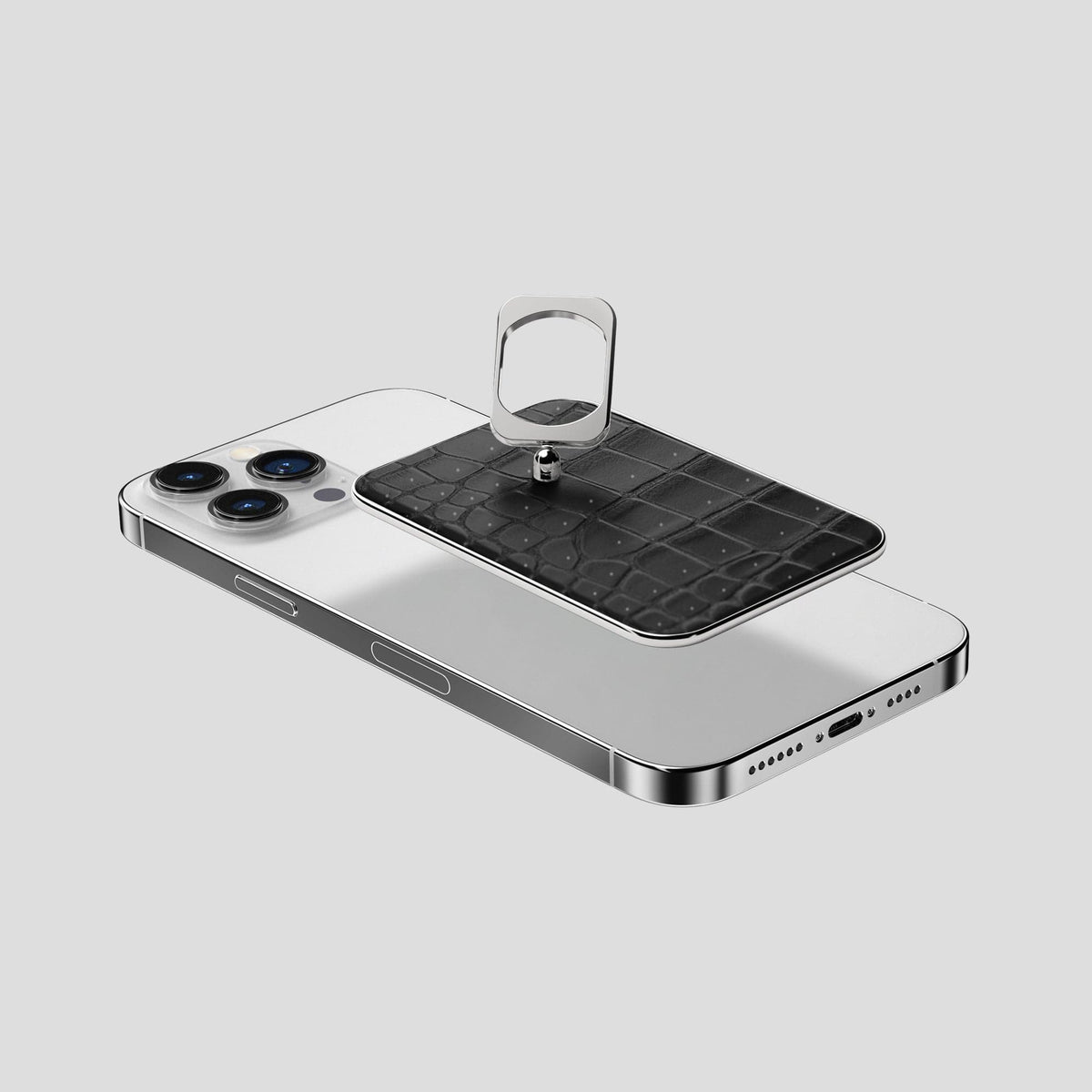 Black iPhone 15 Pro Max Magsafe Ring Porosus Crocodile with Steel Metal -4 | Black-Steel