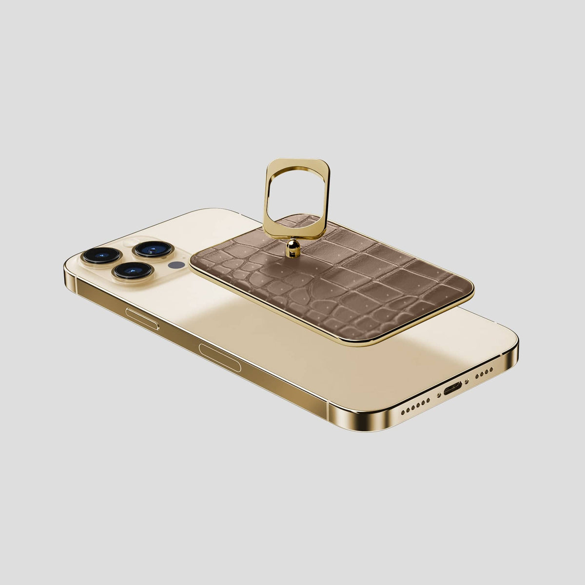 Fur-Brown iPhone 15 Pro Max Magsafe Ring Porosus Crocodile with Gold Metal -4 | Fur-Brown-Gold