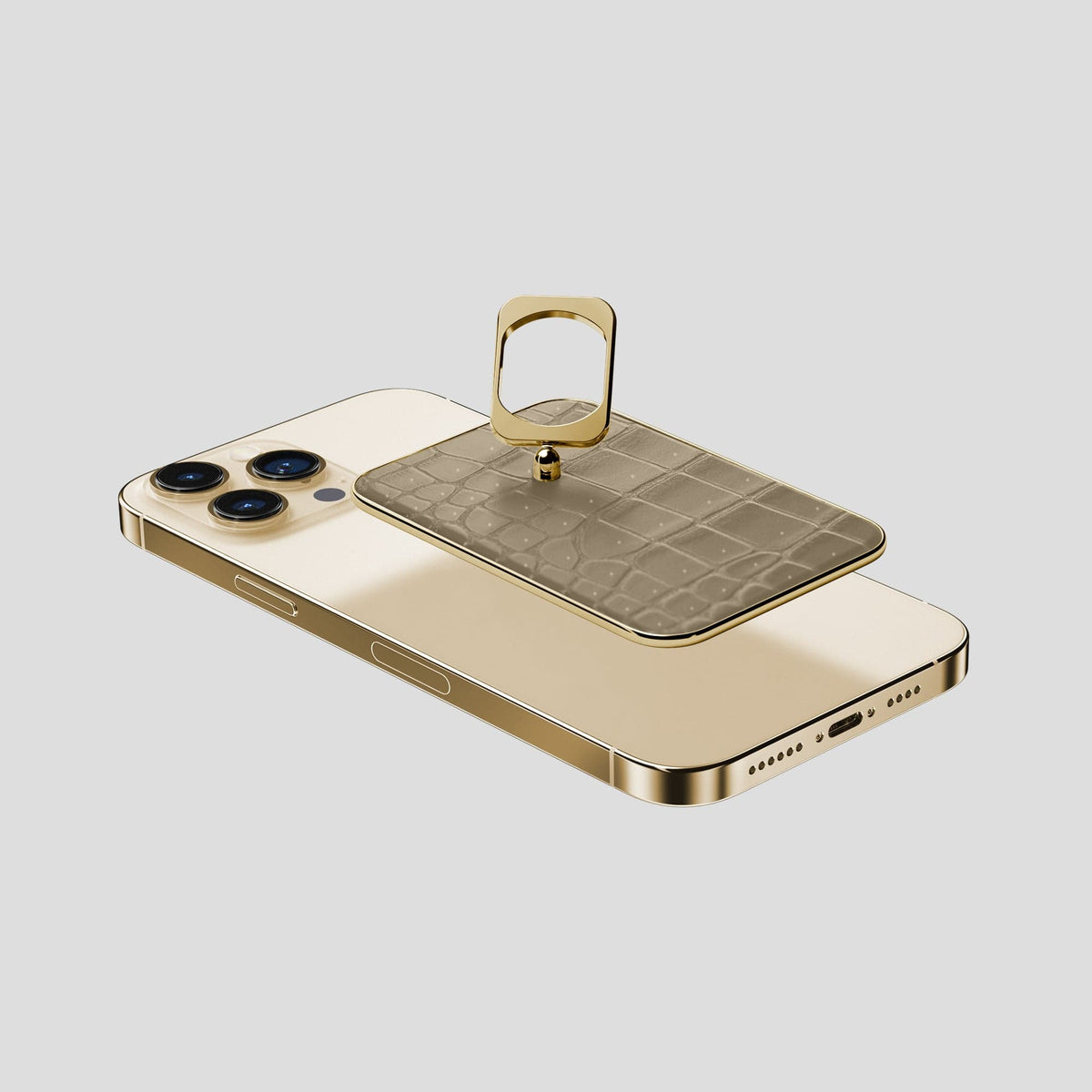 Kaki-Green iPhone 15 Pro Max Magsafe Ring Porosus Crocodile with Gold Metal -4 | Kaki-Green-Gold