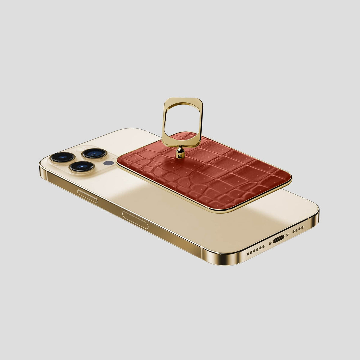 Mahogany-Brown iPhone 15 Pro Max Magsafe Ring Porosus Crocodile with Gold Metal -4 | Mahogany-Brown-Gold