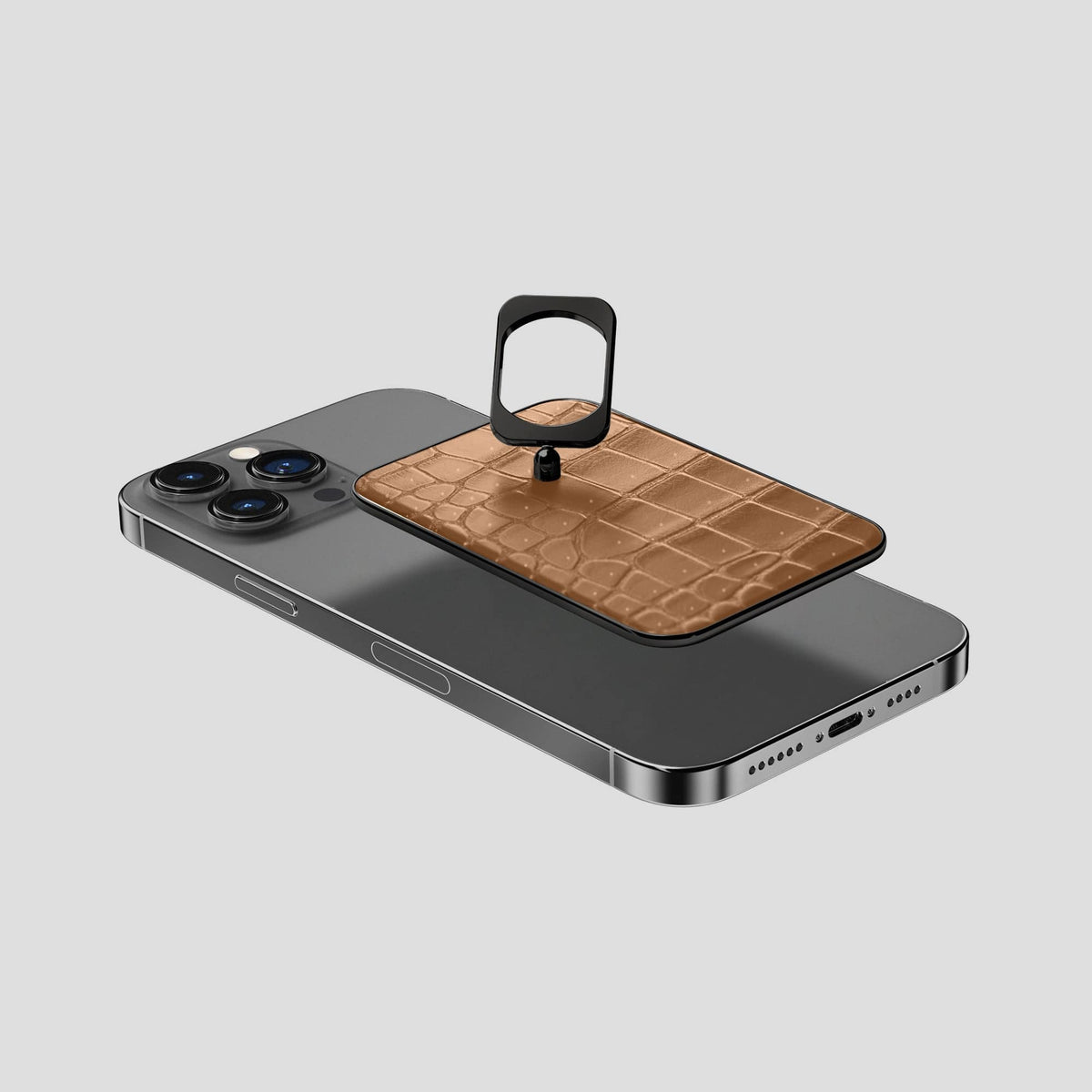 Milk-Chocolate iPhone 15 Pro Max Magsafe Ring Porosus Crocodile with Black Metal -4 | Milk-Chocolate-Black