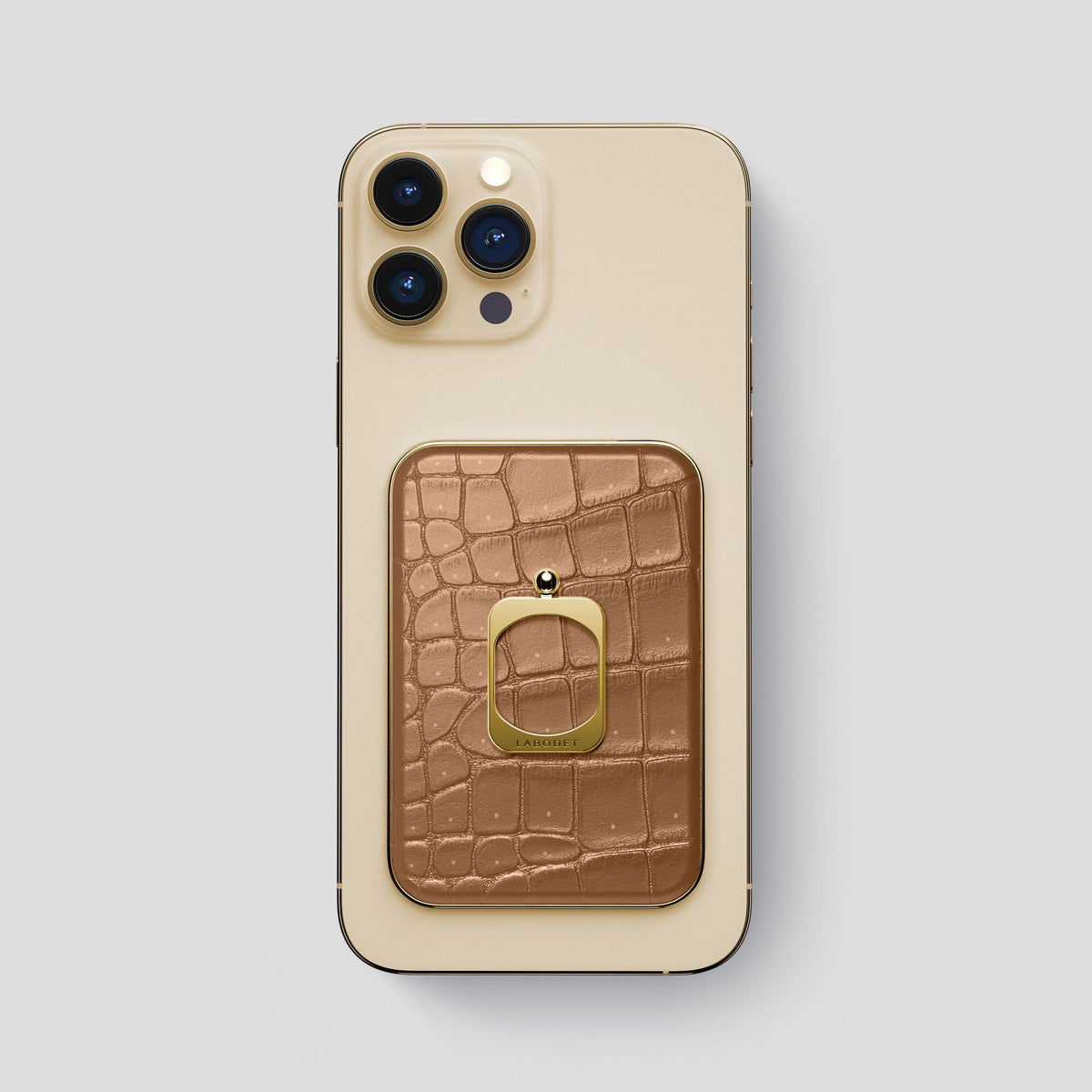 Milk-Chocolate iPhone 15 Pro Max Magsafe Ring Porosus Crocodile with Gold Metal -2 | Milk-Chocolate-Gold