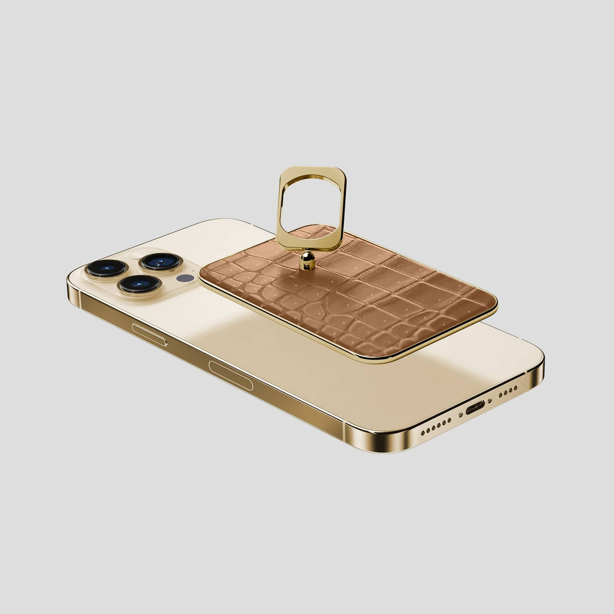 Milk-Chocolate iPhone 15 Pro Max Magsafe Ring Porosus Crocodile with Gold Metal -4 | Milk-Chocolate-Gold