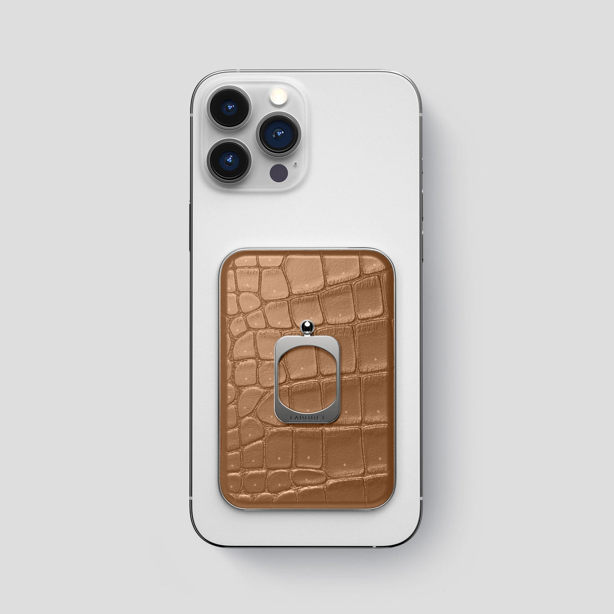 Milk-Chocolate iPhone 15 Pro Max Magsafe Ring Porosus Crocodile with Steel Metal -2 | Milk-Chocolate-Steel