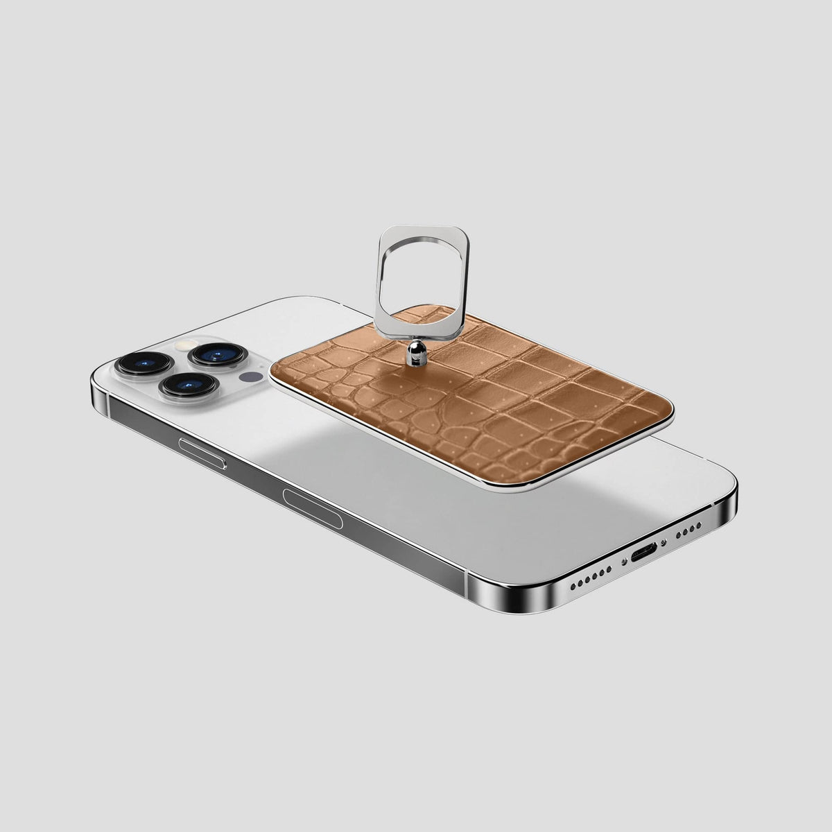 Milk-Chocolate iPhone 15 Pro Max Magsafe Ring Porosus Crocodile with Steel Metal -4 | Milk-Chocolate-Steel