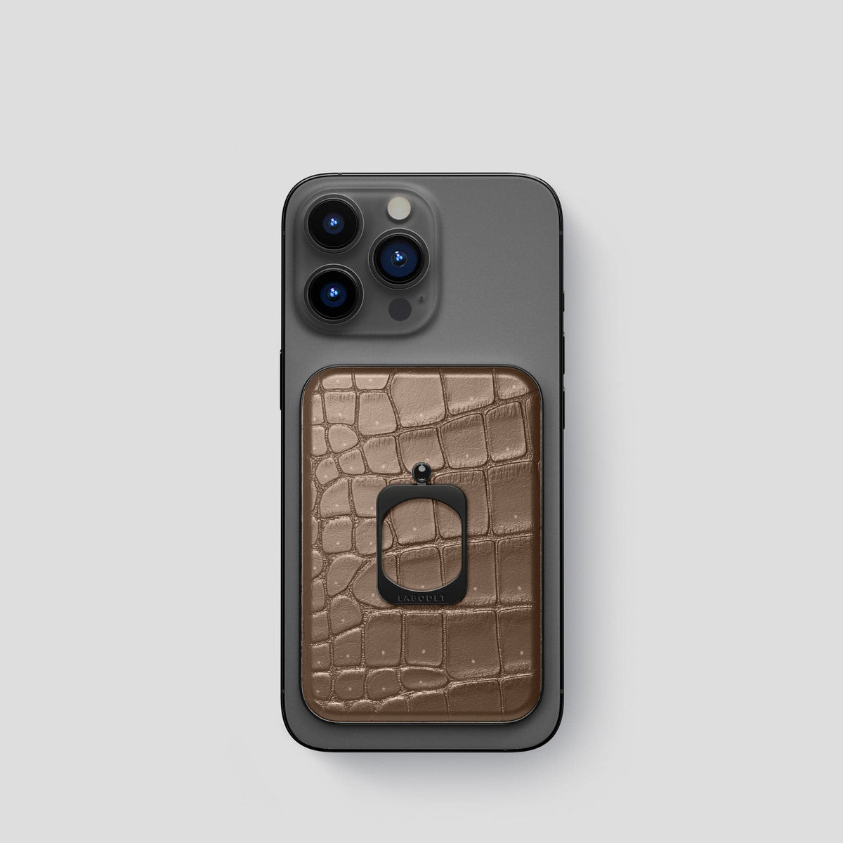 Fur-Brown iPhone 15 Pro Magsafe Ring Porosus Crocodile with Black Metal -2 | Fur-Brown-Black