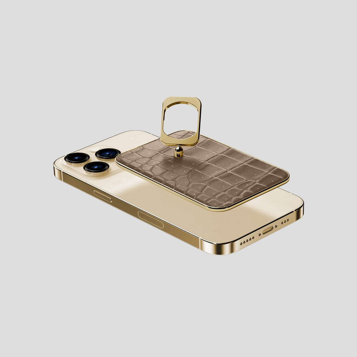 Fur-Brown iPhone 15 Pro Magsafe Ring Porosus Crocodile with Gold Metal -4 | Fur-Brown-Gold