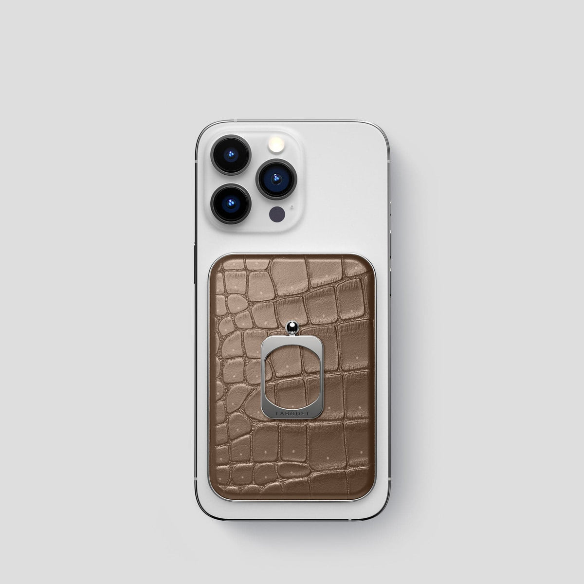 Fur-Brown iPhone 15 Pro Magsafe Ring Porosus Crocodile with Steel Metal -2 | Fur-Brown-Steel