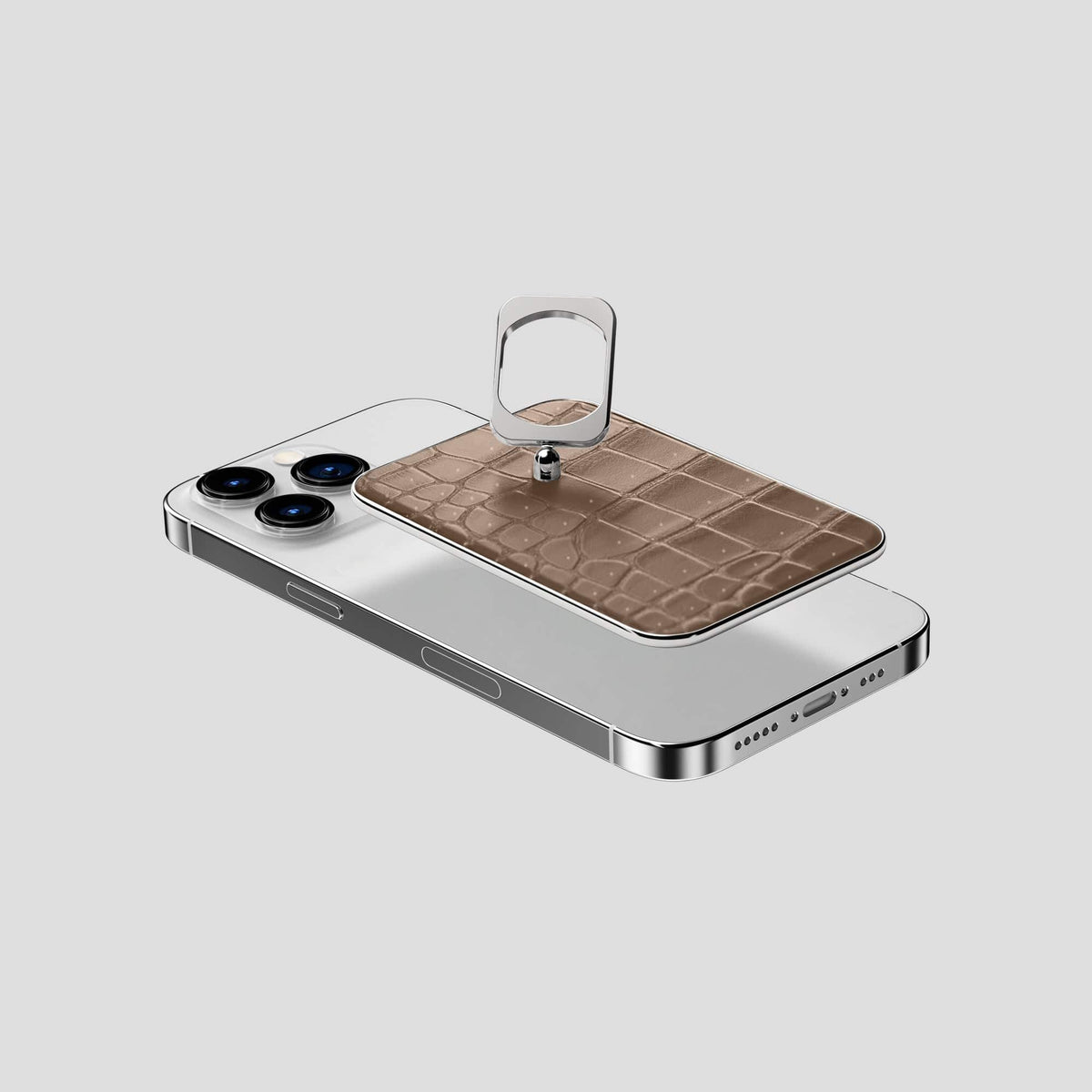 Fur-Brown iPhone 15 Pro Magsafe Ring Porosus Crocodile with Steel Metal -4 | Fur-Brown-Steel