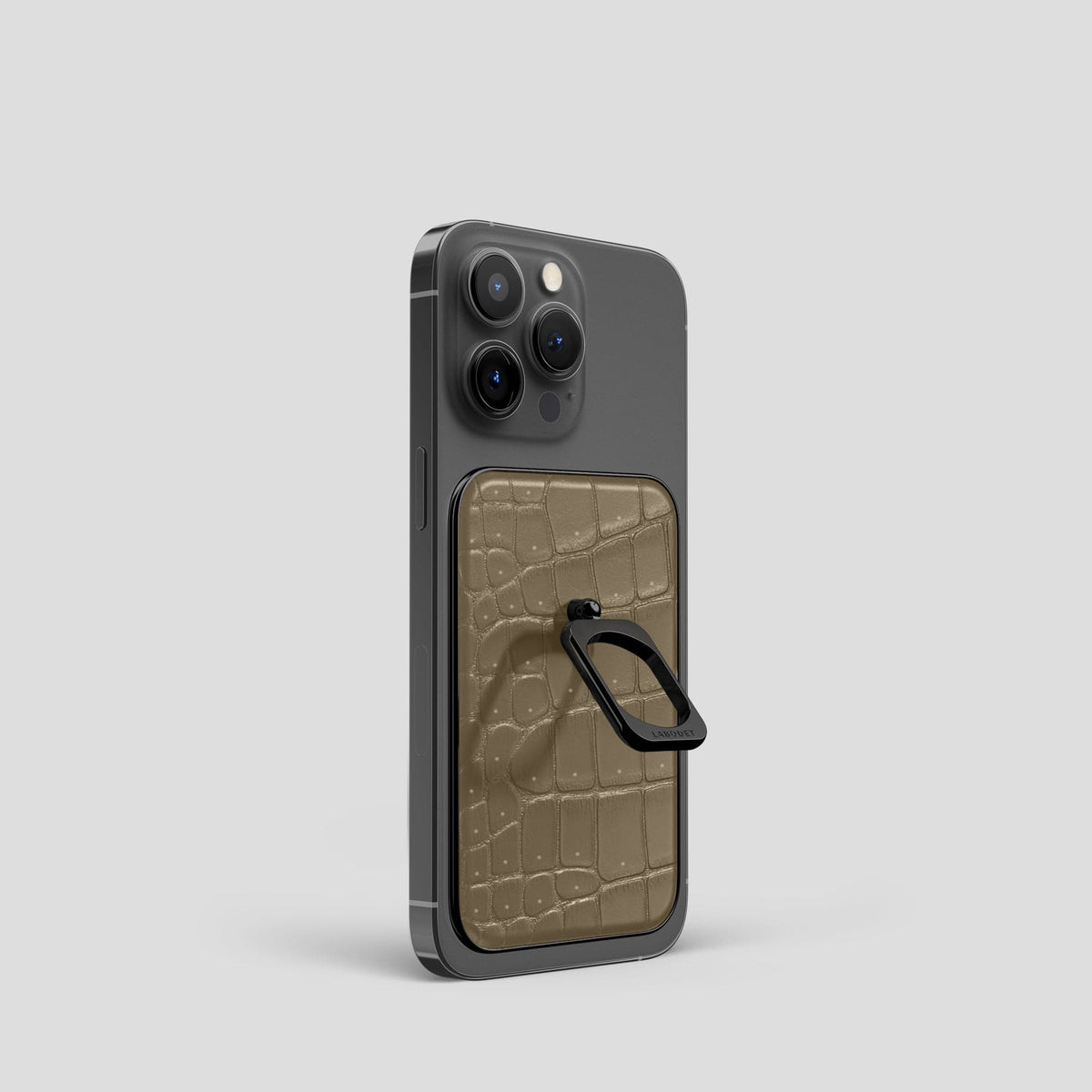 Kaki-Green iPhone 15 Pro Magsafe Ring Porosus Crocodile with Black Metal -1 | Kaki-Green-Black