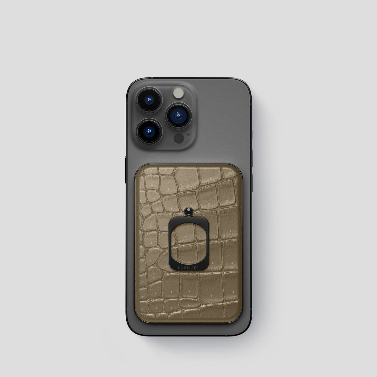 Kaki-Green iPhone 15 Pro Magsafe Ring Porosus Crocodile with Black Metal -2 | Kaki-Green-Black