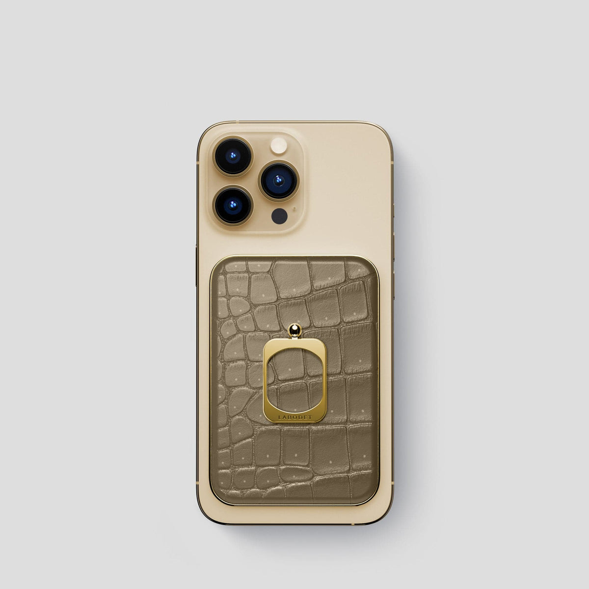 Kaki-Green iPhone 15 Pro Magsafe Ring Porosus Crocodile with Gold Metal -2 | Kaki-Green-Gold
