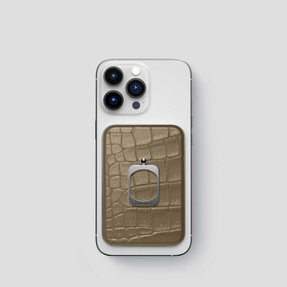 Kaki-Green iPhone 15 Pro Magsafe Ring Porosus Crocodile with Steel Metal -2 | Kaki-Green-Steel