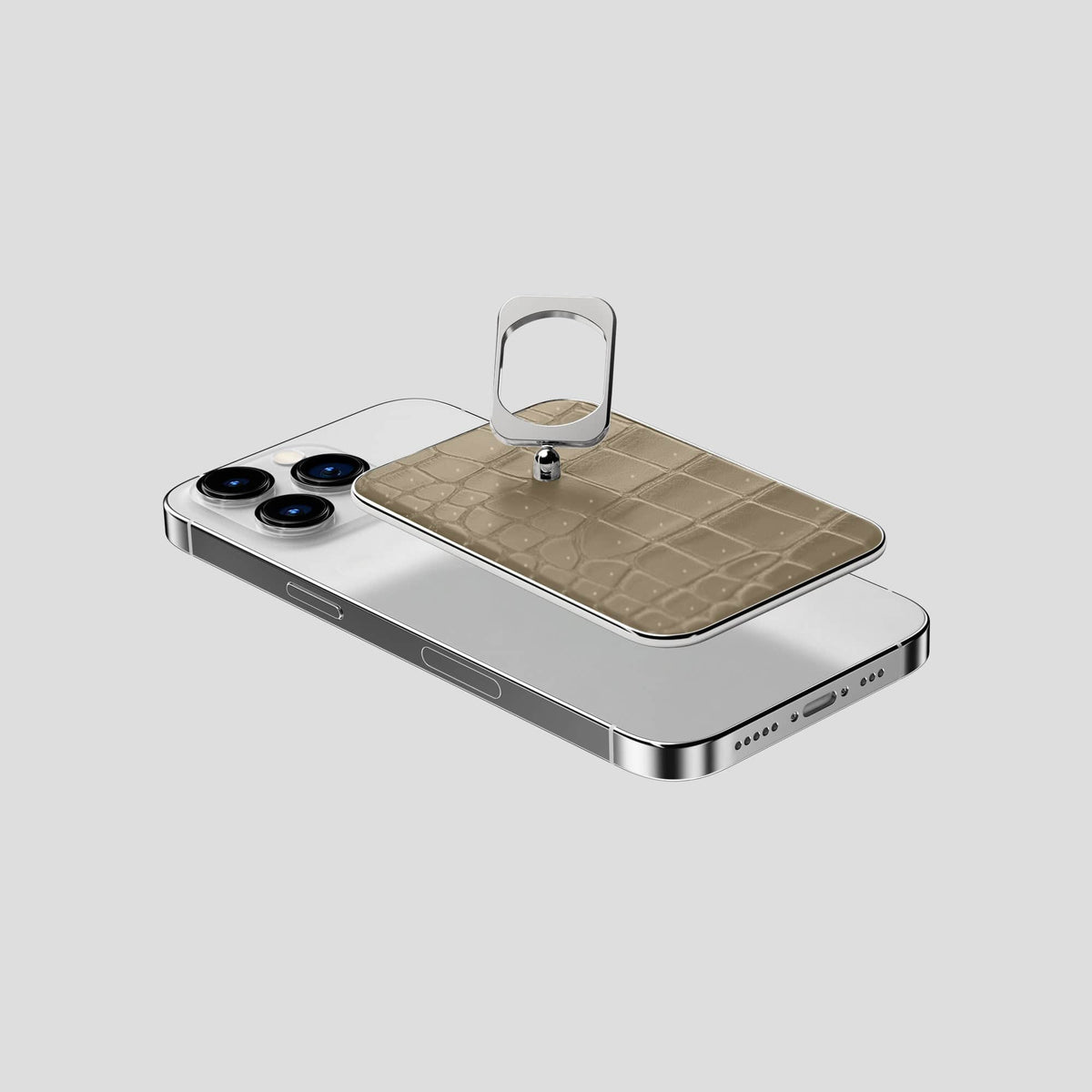 Kaki-Green iPhone 15 Pro Magsafe Ring Porosus Crocodile with Steel Metal -4 | Kaki-Green-Steel