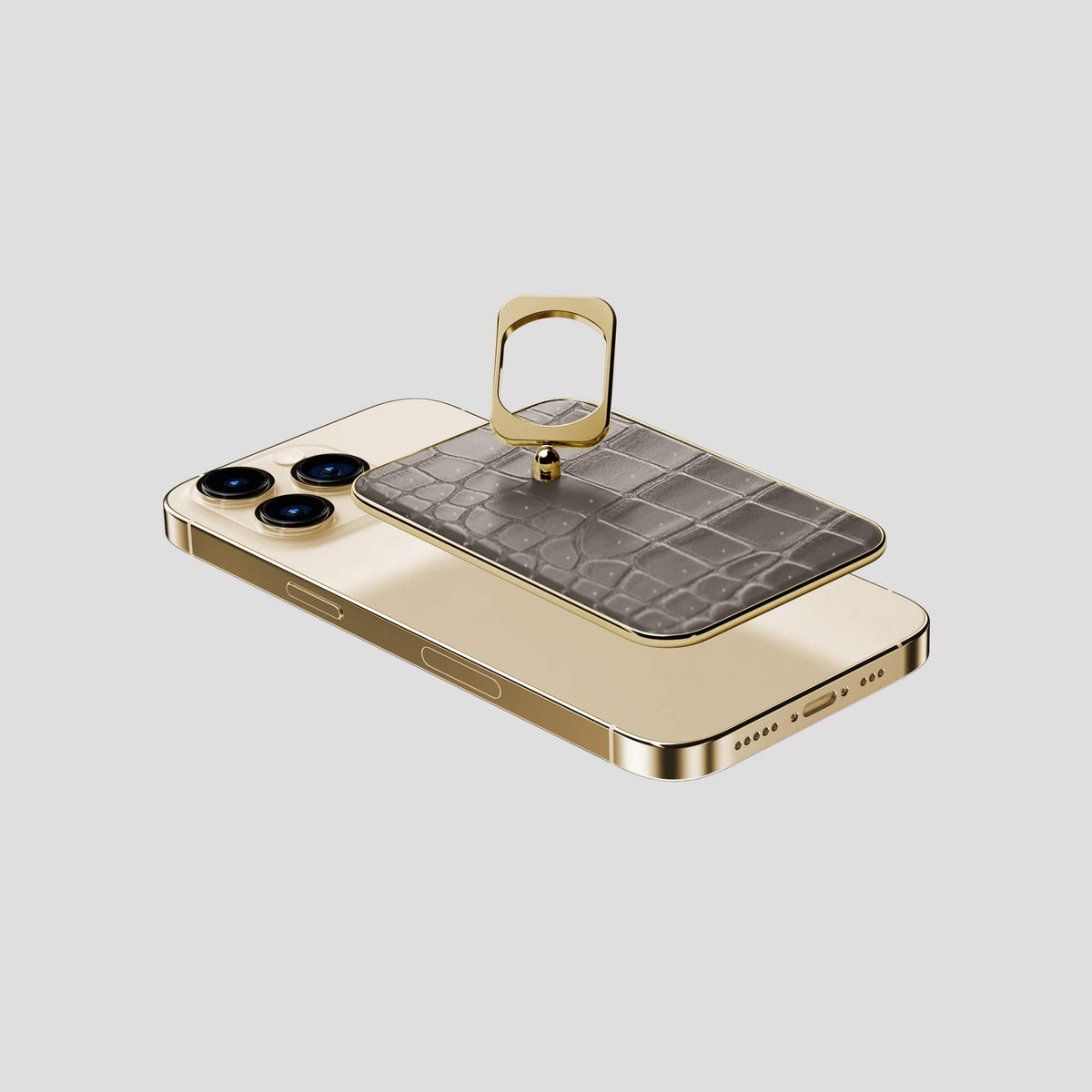 Lava-Stone iPhone 15 Pro Magsafe Ring Porosus Crocodile with Gold Metal -4 | Lava-Stone-Gold