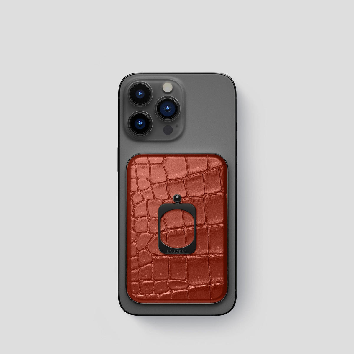 Mahogany-Brown iPhone 15 Pro Magsafe Ring Porosus Crocodile with Black Metal -2 | Mahogany-Brown-Black