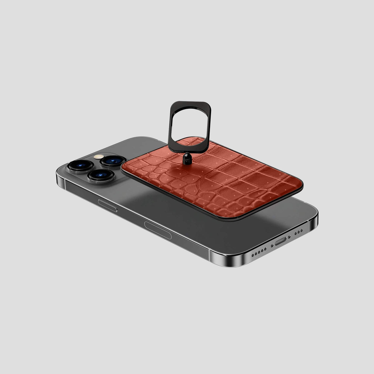 Mahogany-Brown iPhone 15 Pro Magsafe Ring Porosus Crocodile with Black Metal -4 | Mahogany-Brown-Black