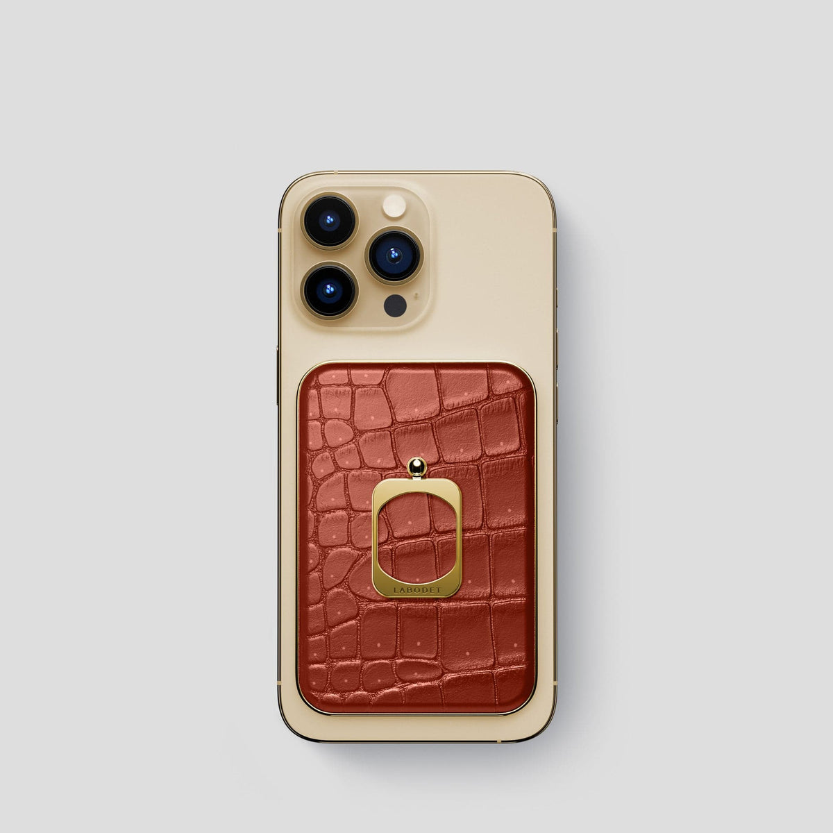 Mahogany-Brown iPhone 15 Pro Magsafe Ring Porosus Crocodile with Gold Metal -2 | Mahogany-Brown-Gold