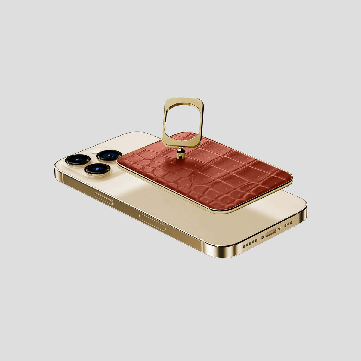 Mahogany-Brown iPhone 15 Pro Magsafe Ring Porosus Crocodile with Gold Metal -4 | Mahogany-Brown-Gold