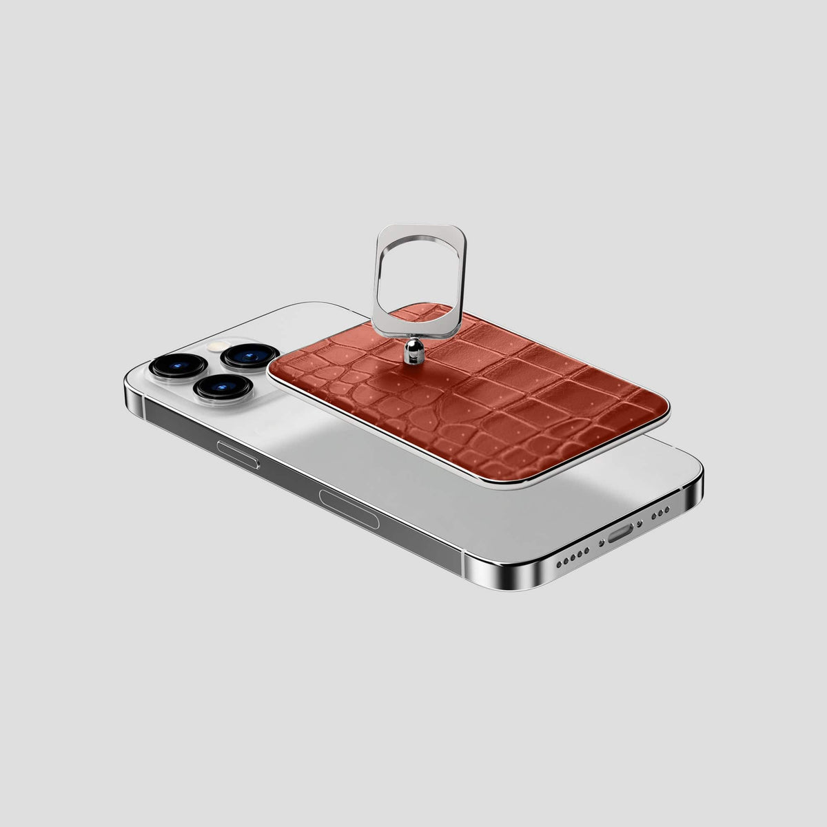 Mahogany-Brown iPhone 15 Pro Magsafe Ring Porosus Crocodile with Steel Metal -4 | Mahogany-Brown-Steel