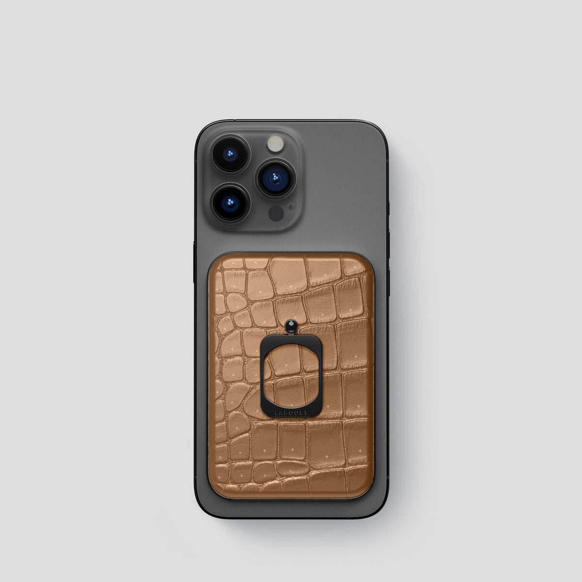 Milk-Chocolate iPhone 15 Pro Magsafe Ring Porosus Crocodile with Black Metal -2 | Milk-Chocolate-Black