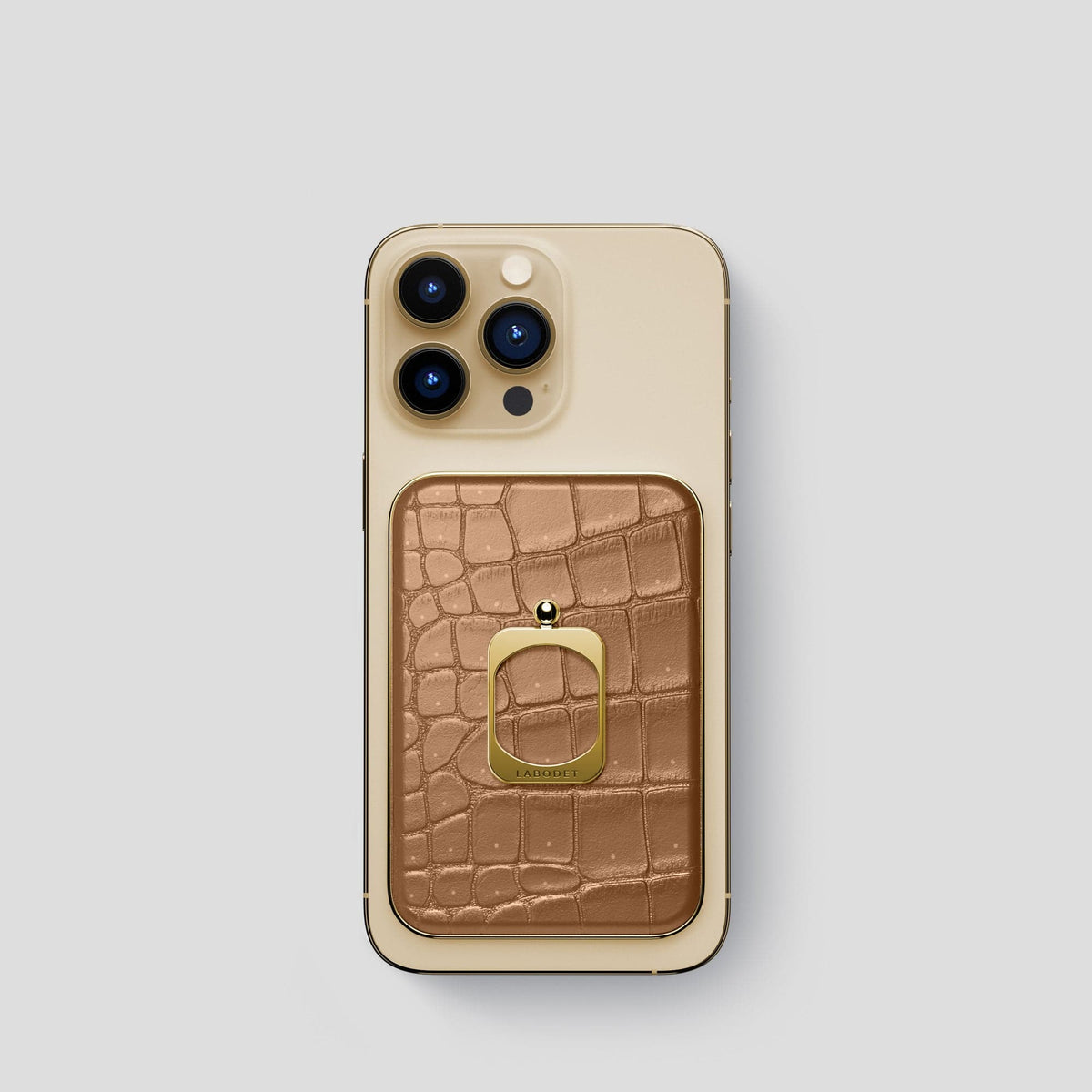 Milk-Chocolate iPhone 15 Pro Magsafe Ring Porosus Crocodile with Gold Metal -2 | Milk-Chocolate-Gold
